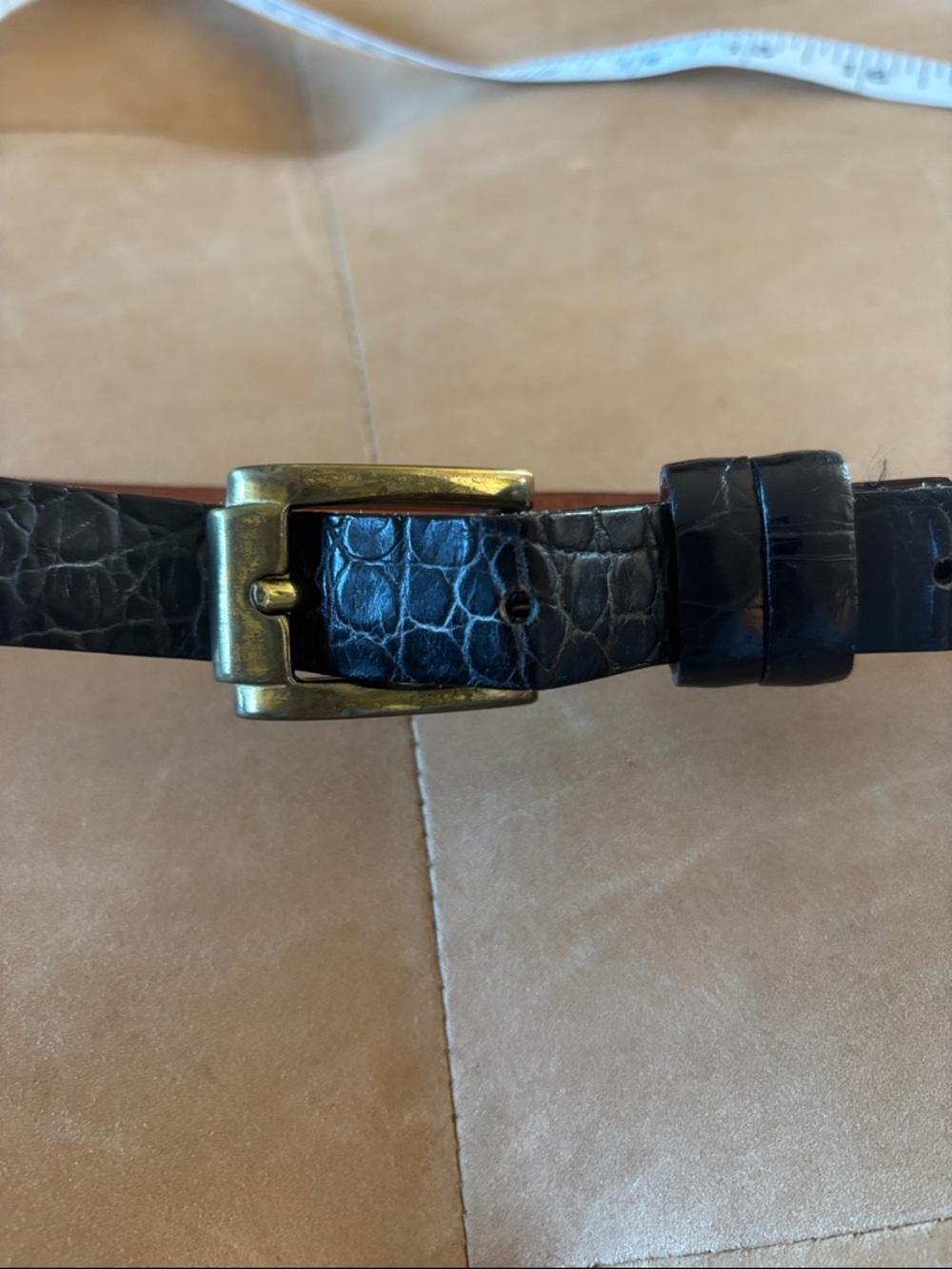 Joan & David Black Croc-Embossed Leather Belt with Brass Buckle